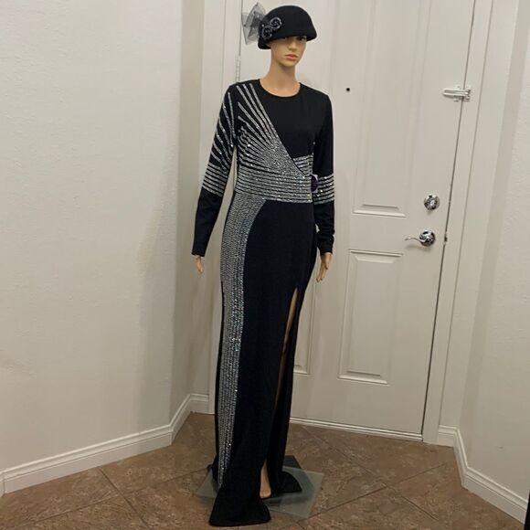 Windsor Size Medium Scoop Neck Black Diamond Studded Maxi Side Slit Dress New - Picture 1 of 15